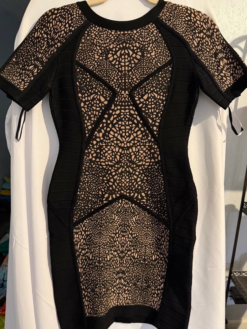 Herve Leger Black and Nude Laser-Cut Bodycon Midi Dress NWT